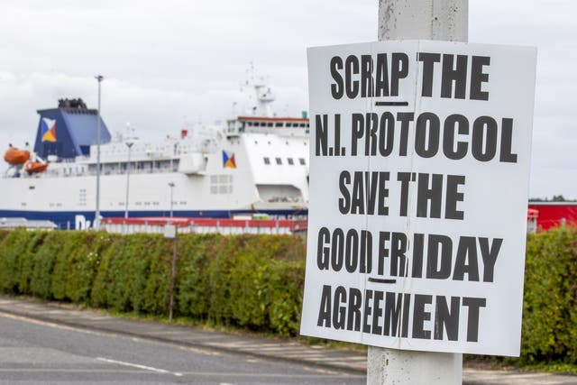 <p>An anti-Northern Ireland Protocol sign close to Larne Port (Liam McBurney/PA)</p>