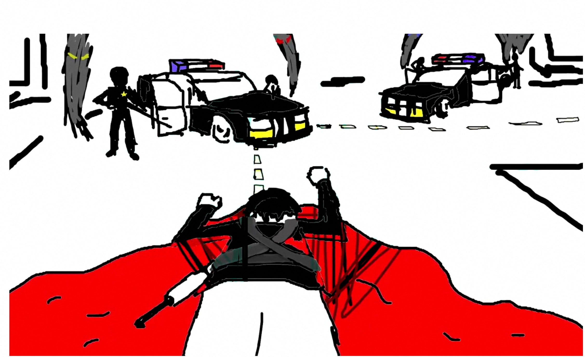 In an animated video the character resembling Robert Crimo is seen lying dead in a pool of blood surrounded by heavily armed law enforcement