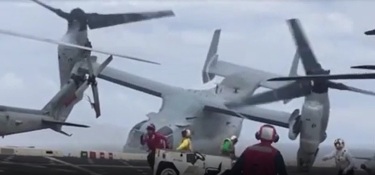 Moment US Osprey military helicopter crashes into warship killing three marines