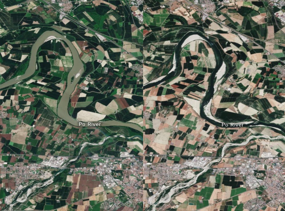 <p>These ESA Copernicus Sentinel-2 images reveal how the river has significantly shrunk between June 2020 and June 2022 </p>