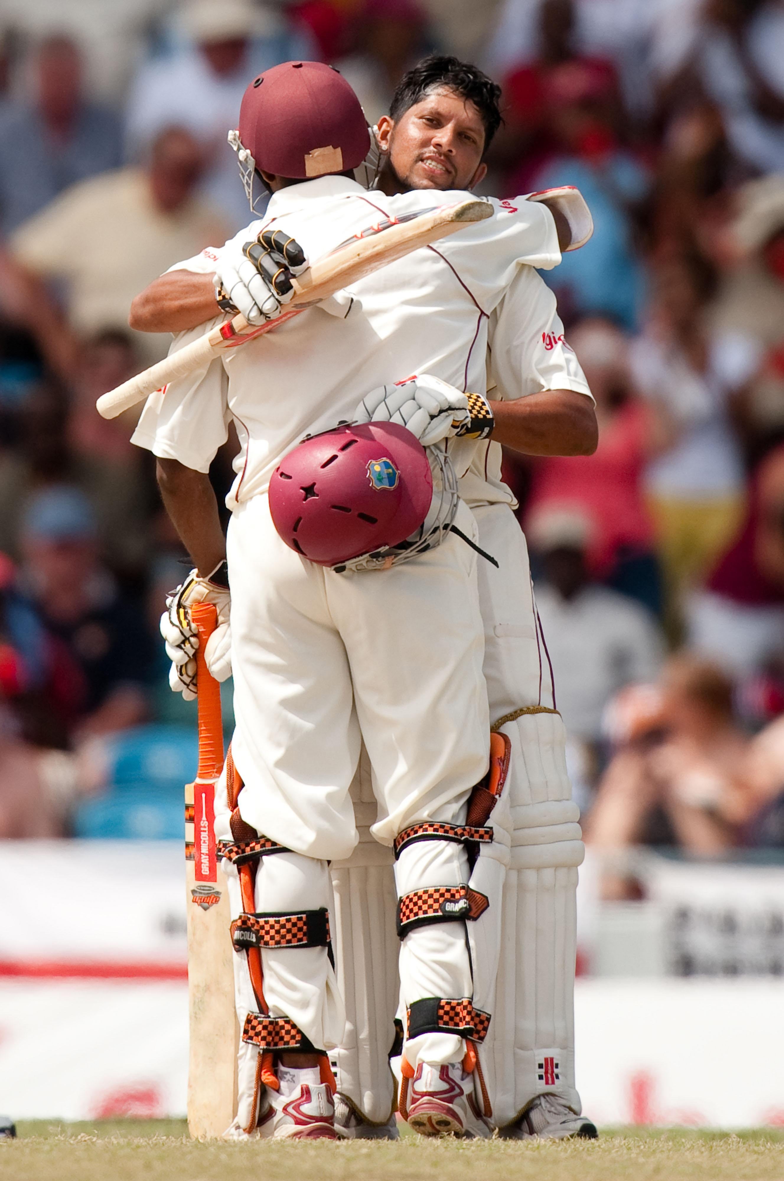 Ramnaresh Sarwan, right, and Shivnarine Chanderpaul scored centuries in the West Indies’ record chase (Gareth Copley/PA)