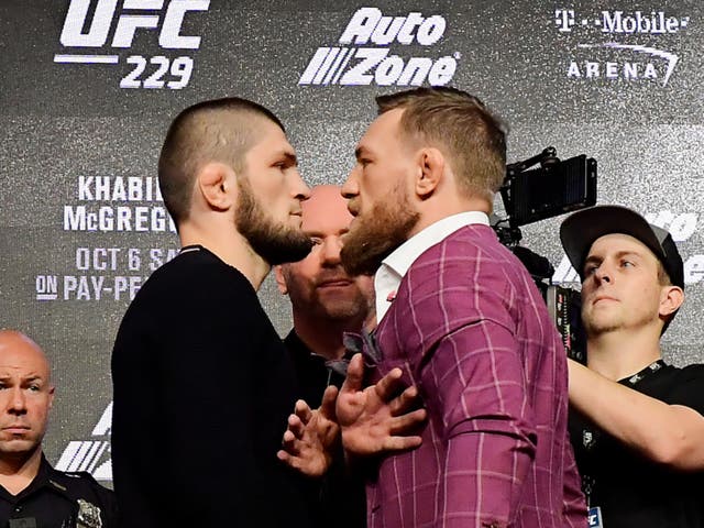 <p>Khabib Nurmagomedov (left) and Conor McGregor face off ahead of their 2018 clash</p>