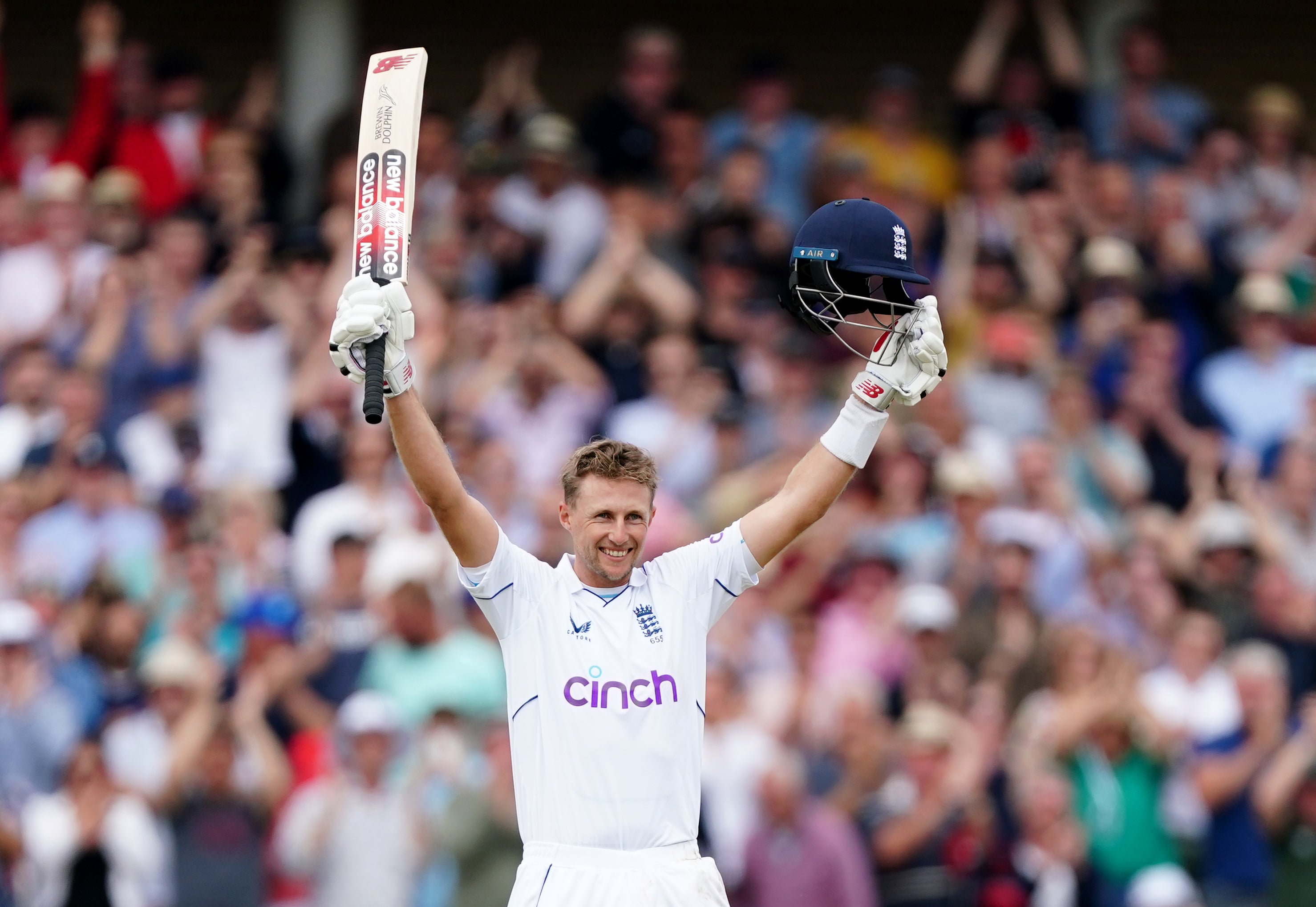 Root celebrates reaching a century during day three of the second Test (Mike Egerton/PA)