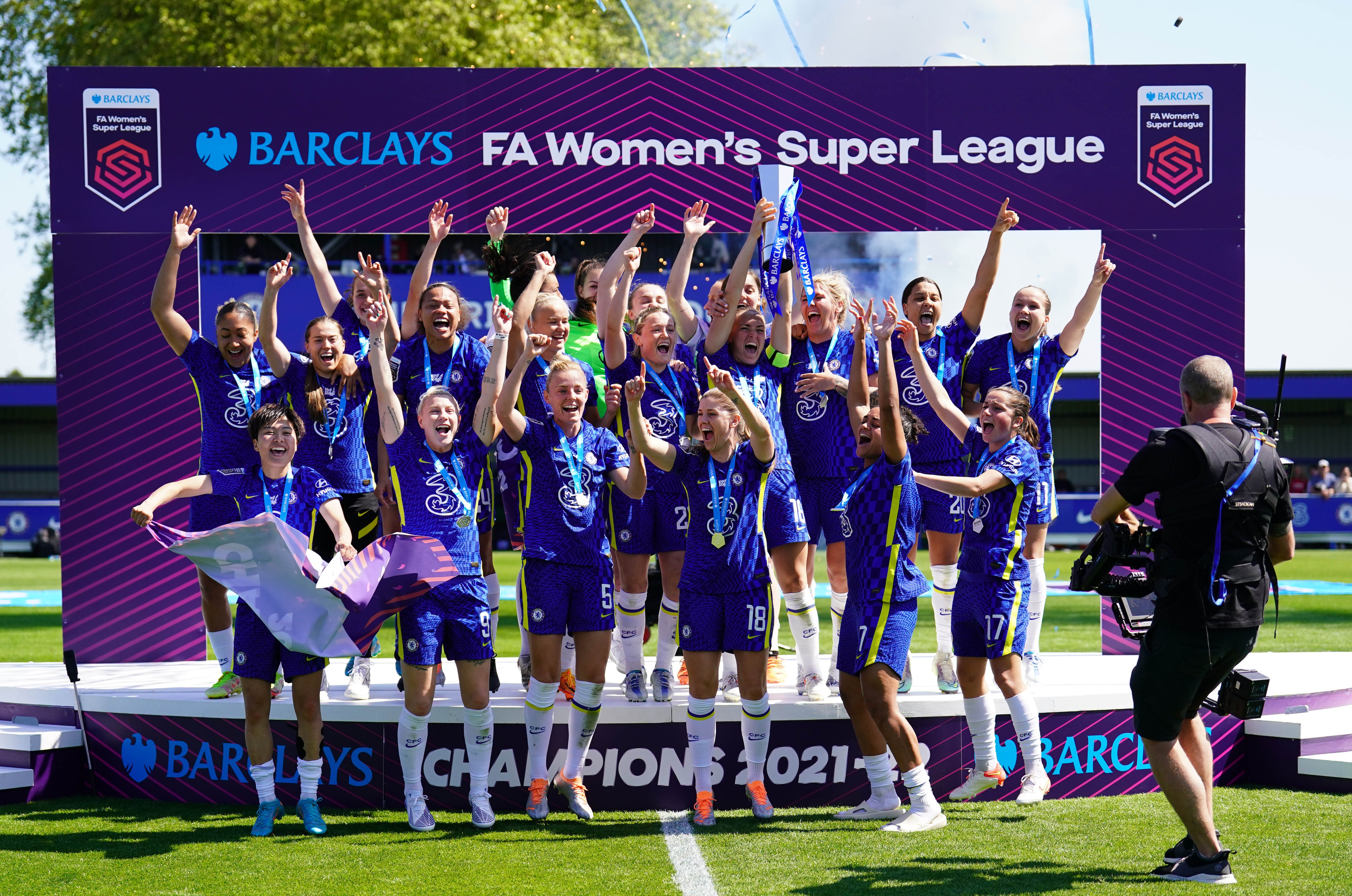 Chelsea celebrate winning last year’s Women’s Super League title