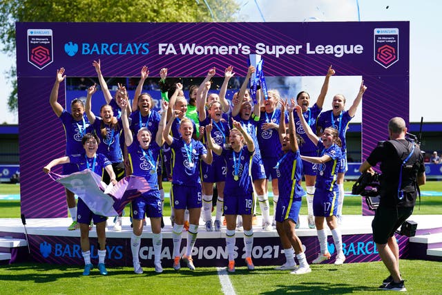 <p>Chelsea celebrate winning last year’s Women’s Super League title</p>