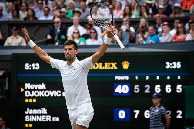 Novak Djokovic celebrates after beating Jannik Sinner (Aaron Chown/PA)