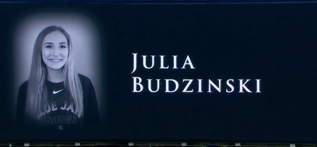 <p>A tribute to Julia Budzinski on the scoreboard at the Rogers Centre.</p>