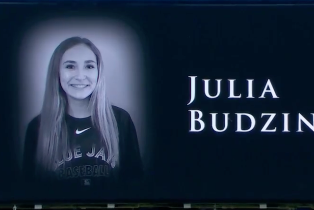 <p>A tribute to Julia Budzinski on the scoreboard at the Rogers Centre.</p>