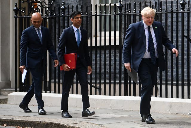 <p>Health secretary Sajid Javid and chancellor Rishi Sunak with prime minister Boris Johnson</p>