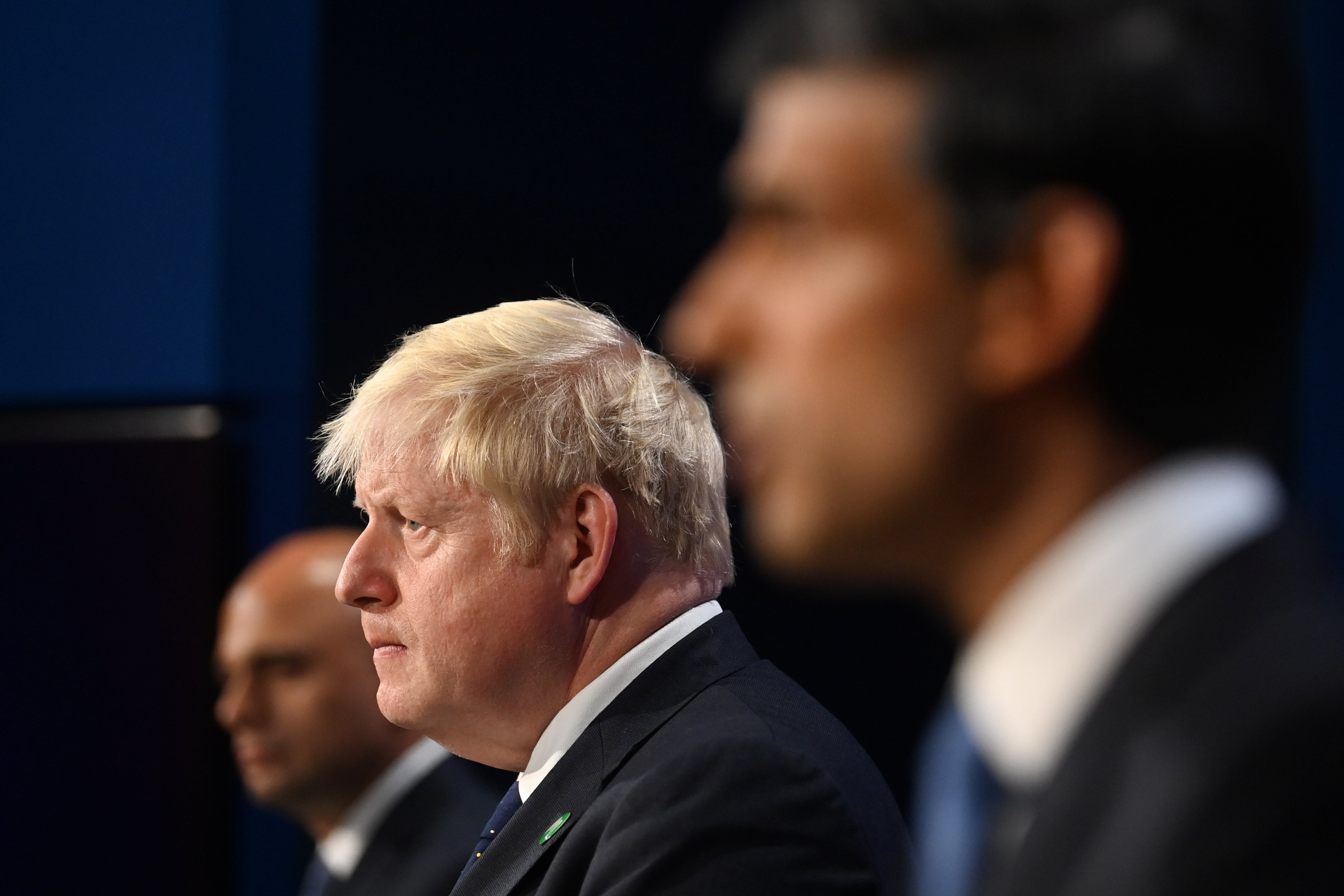 Former Health Secretary Sajid Javid, Prime Minister Boris Johnson and Ex-Chancellor of the Exchequer Rishi Sunak, during a media briefing in Downing Street, London in 2021 (Toby Melville/PA).