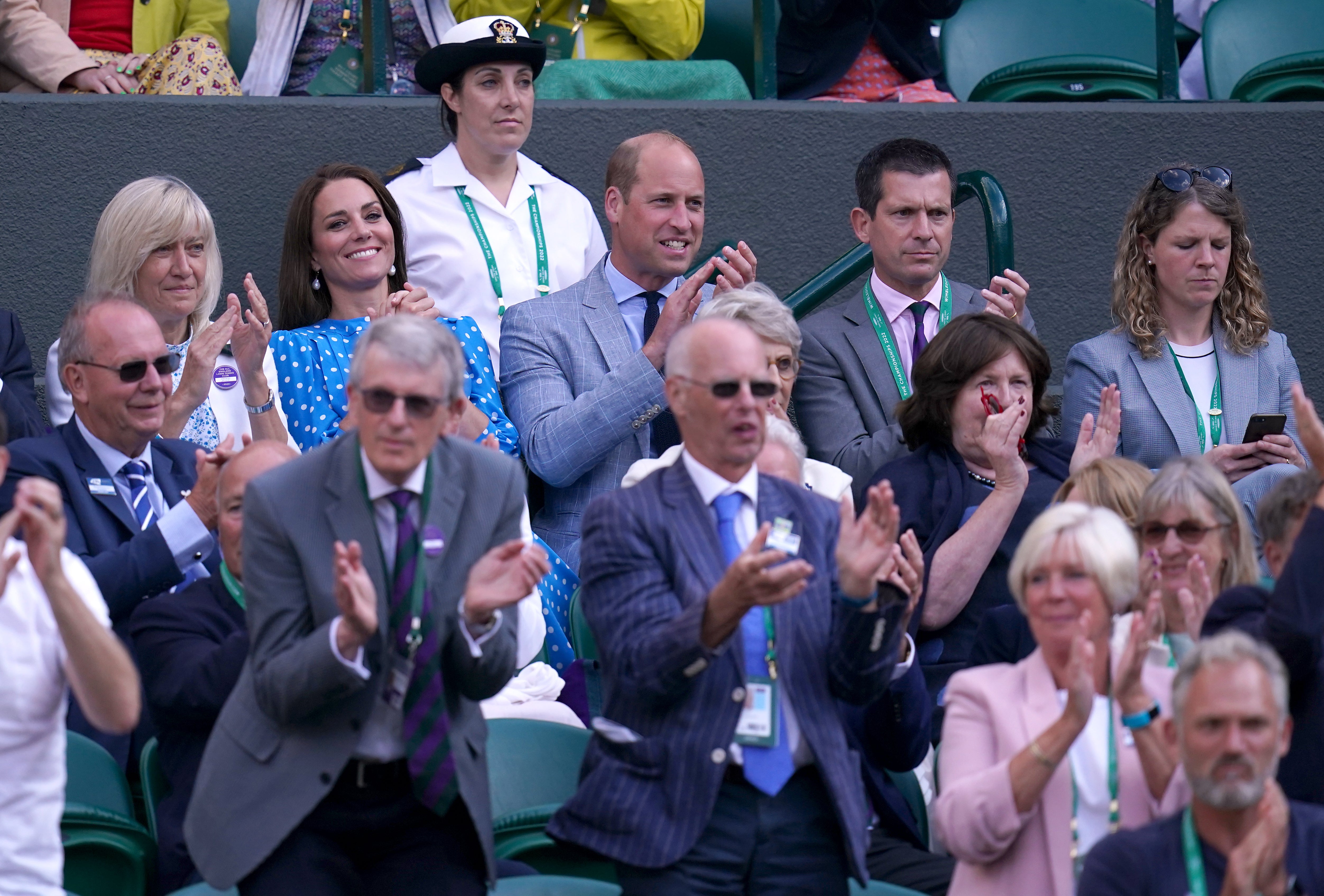 The Duke and Duchess of Cambridge celebrate Cameron Norrie’s victory on Court One alongside Tim Henman (John Walton/PA)