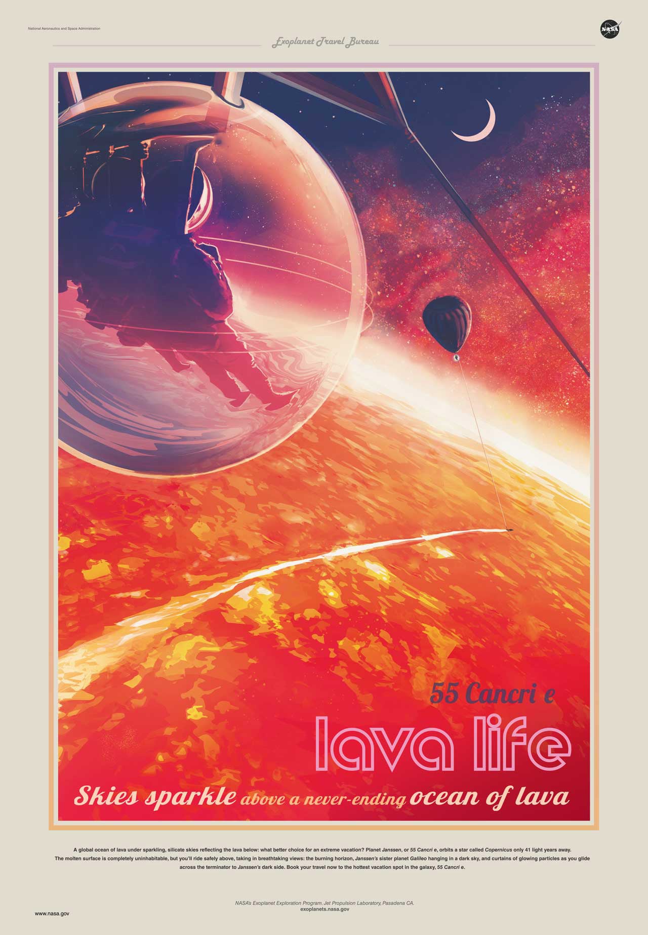 Poster art depicting a visit to the exoplanet lava world 55 Cancri 3e