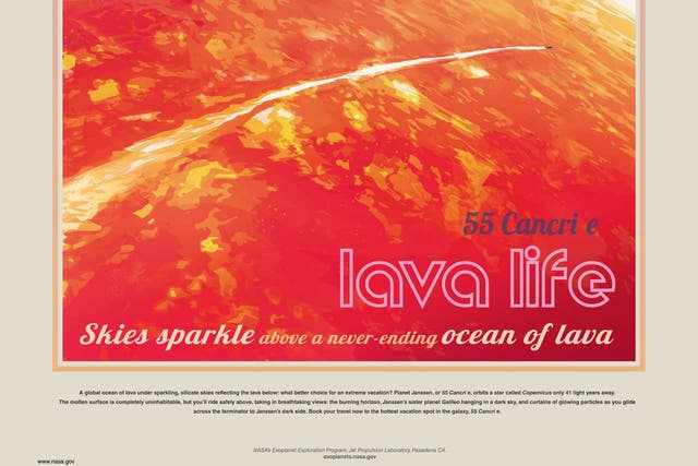 <p>Poster art depicting a visit to the exoplanet lava world 55 Cancri 3e</p>
