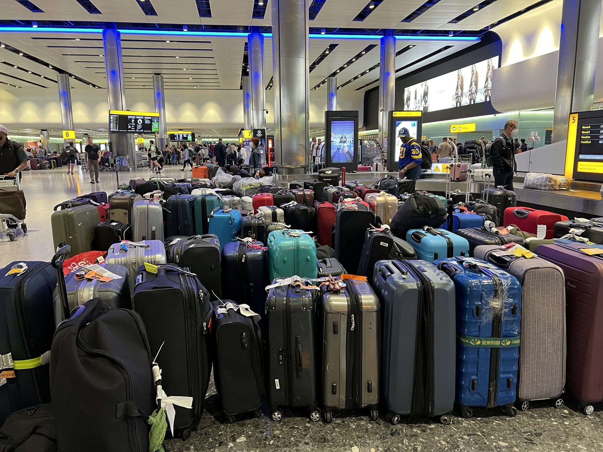 Mountains of luggage at Heathrow Airport in June 2022
