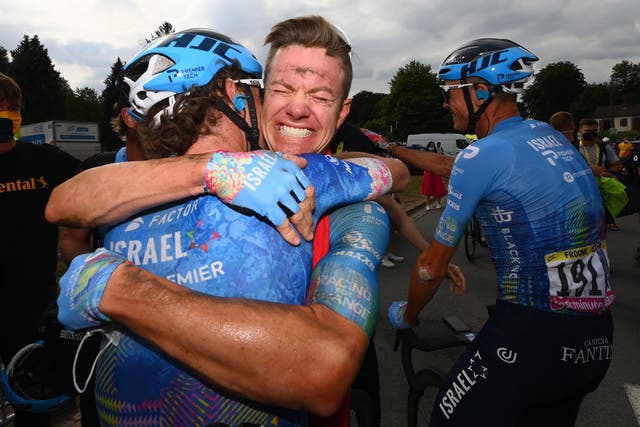 <p>Australian rider Simon Clarke celebrates winning his first Tour de France stage</p>