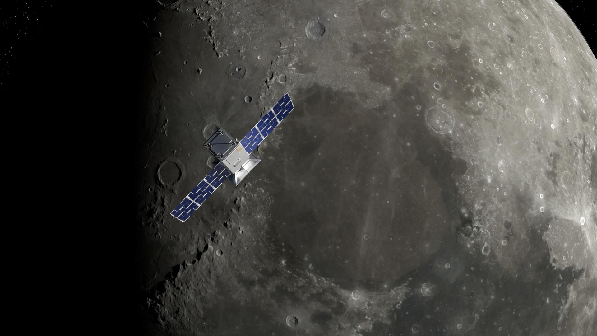 An artist’s conception of Nasa’s Capstone spacecraft in orbit around the Moon