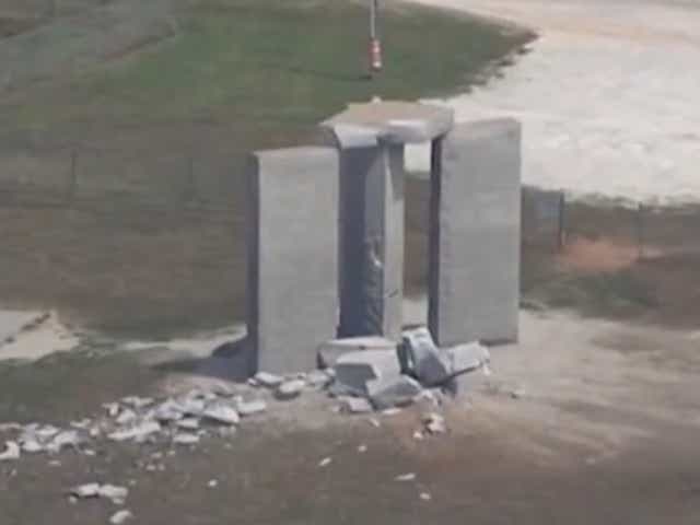 <p>Rubble is all thats left of one of the Georgia Guidestones' five pillars. An explosion destroyed one of the slabs, prompting an investigation by the Georgia Bureau of Investigation</p>