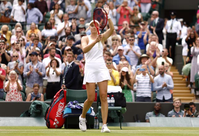 Elena Rybakina celebrates victory against Ajla Tomljanovic at Wimbledon (Steven Paston/PA)