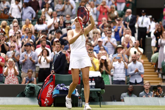 Elena Rybakina celebrates victory against Ajla Tomljanovic at Wimbledon (Steven Paston/PA)