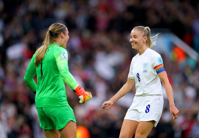 England’s Leah Williamson (right) and goalkeeper Mary Earps celebrate after the decisive goal (Nick Potts/PA)