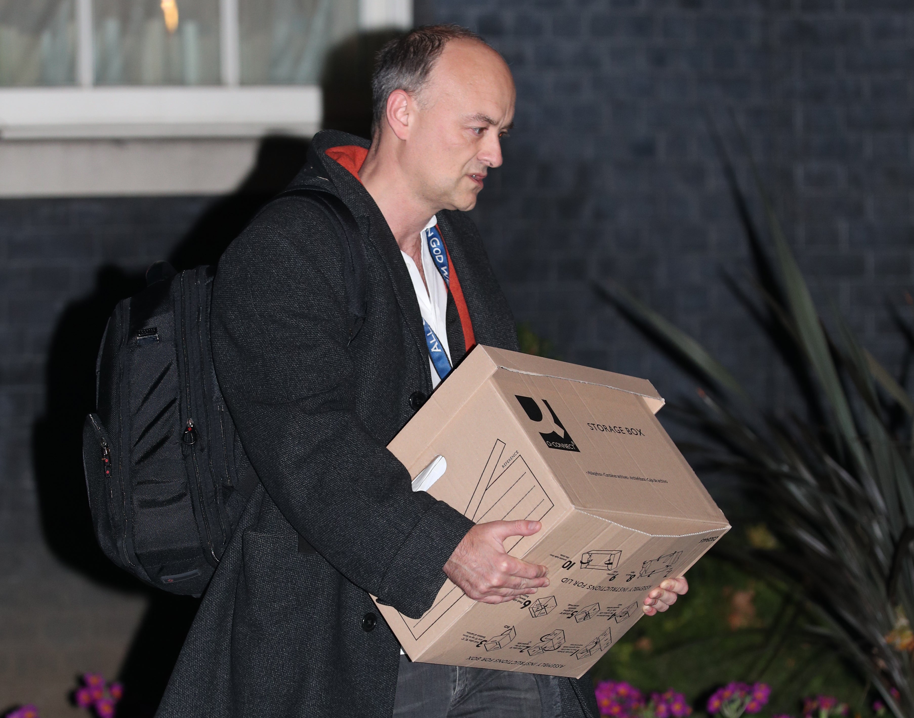 Dominic Cummings leaves 10 Downing Street, London, with a box (Yui Mok/PA)