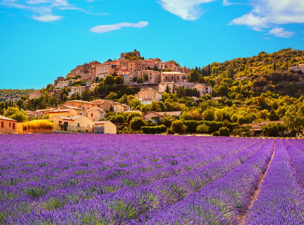 <p>Lavender fields beneath the village of Simiane la Rotonde, Provence</p>