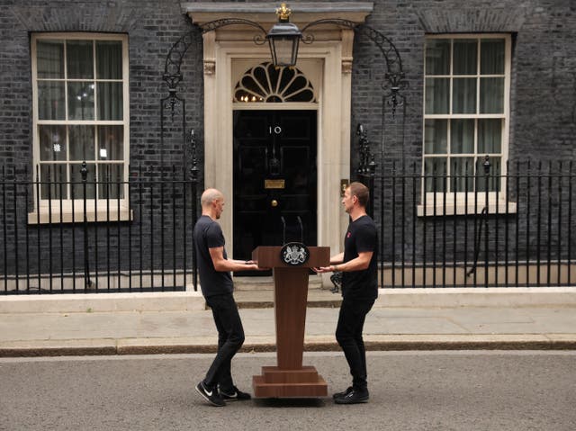 <p>A lectern has appeared outside Number 10 as Boris Johnson is poised to step down as prime minister</p>