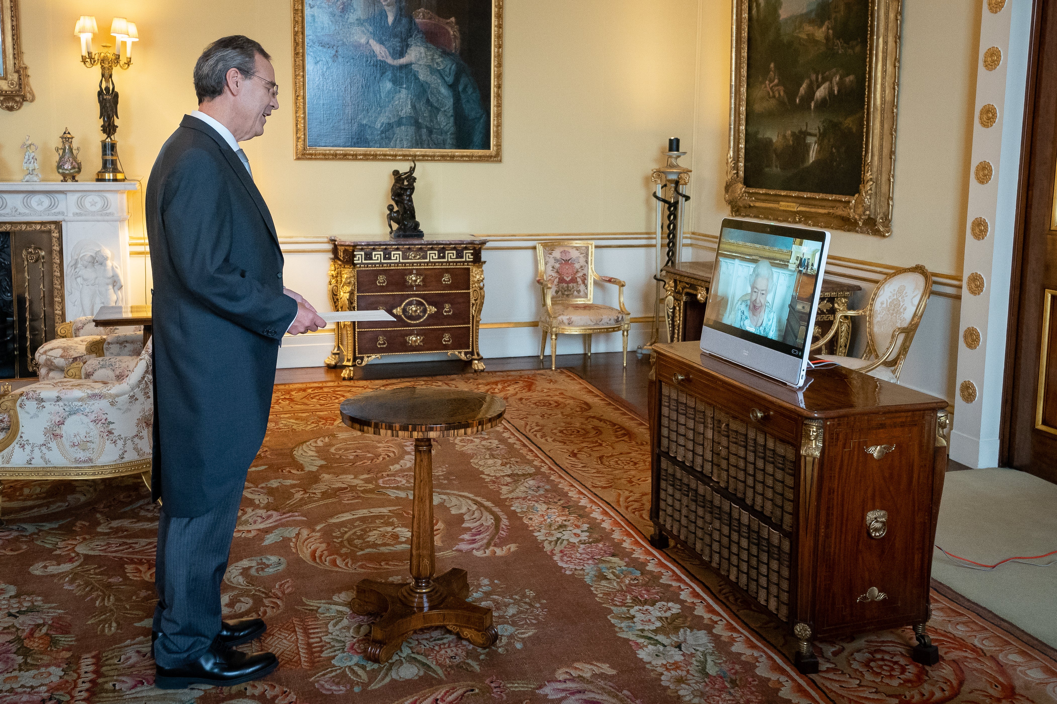 The Queen appears via video-link during a virtual audience with Kyrgyz Republic ambassador Ulan Djusupov (Aaron Chown/PA)