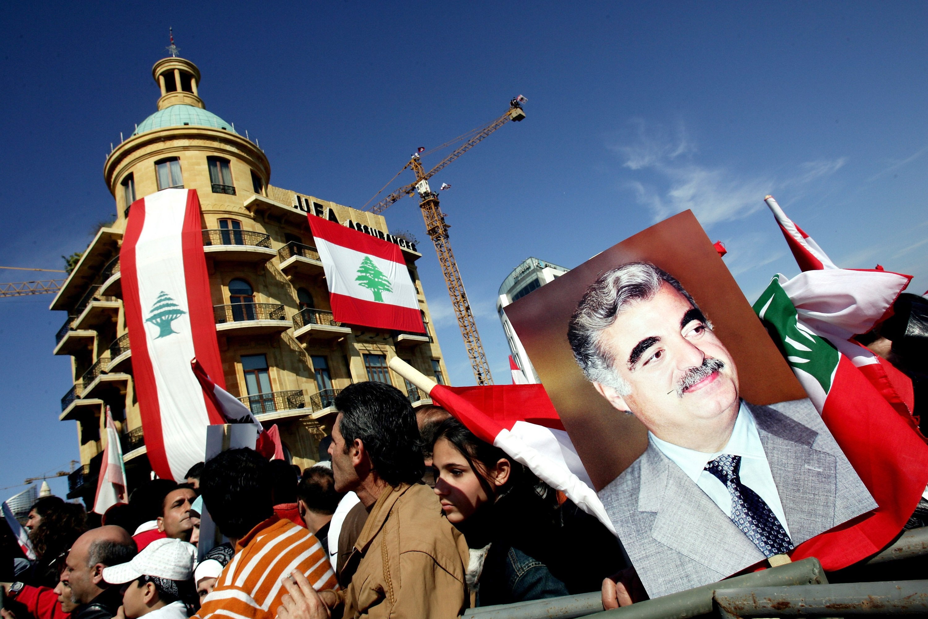 Lebanese turn out in their thousands in 2006 on the first anniversary of the assassination of former PM Rafik Hariri in Beirut