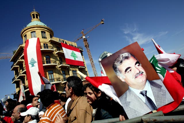 <p>Lebanese turn out in their thousands in 2006 on the first anniversary of the assassination of former PM Rafik Hariri in Beirut</p>