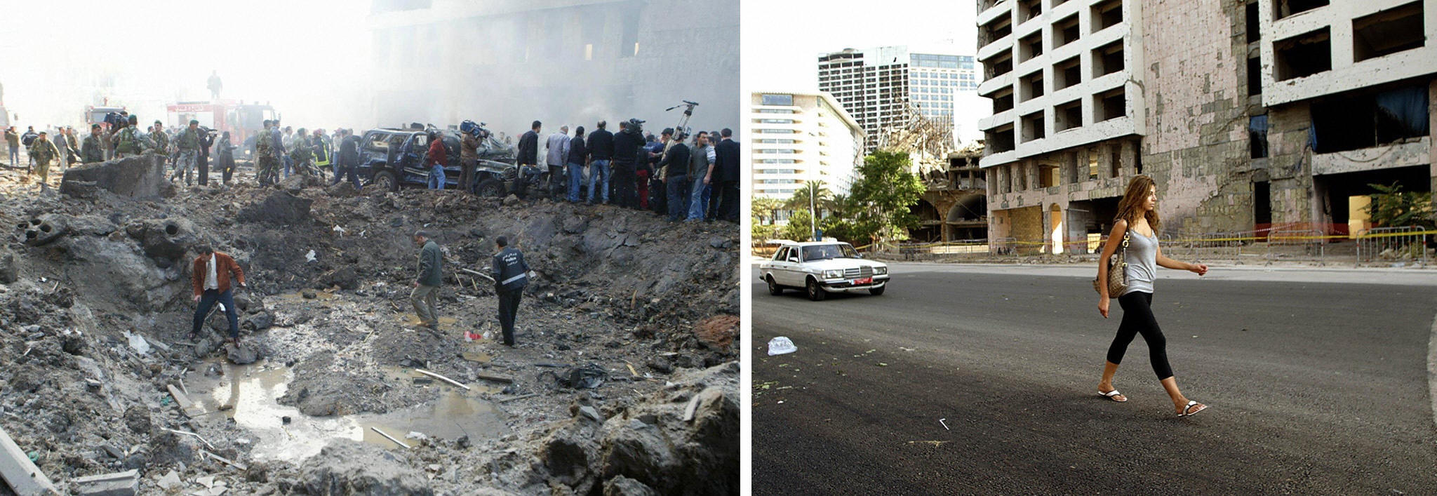 Covered up: the crater created by the bomb which killed Mr Hariri in 2007 and a woman walking along the same road two years later