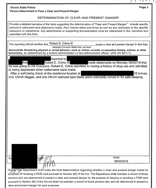 The redacted report of Robert Crimo III as filled out by the Highland Park Police Department