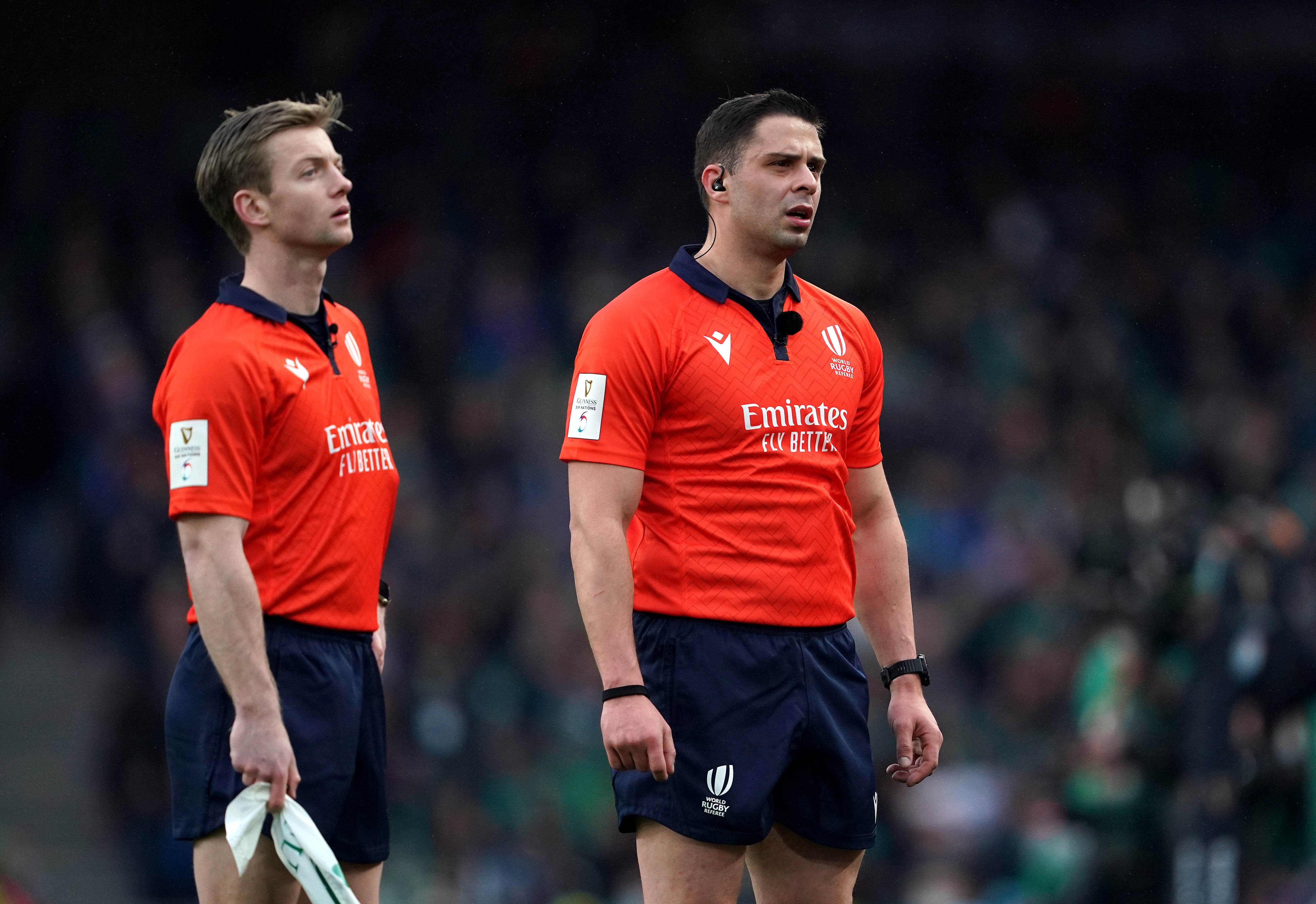 Georgian referee Nika Amashukeli, right, controlled the first Test between South Africa and Wales (Brian Lawless/PA)