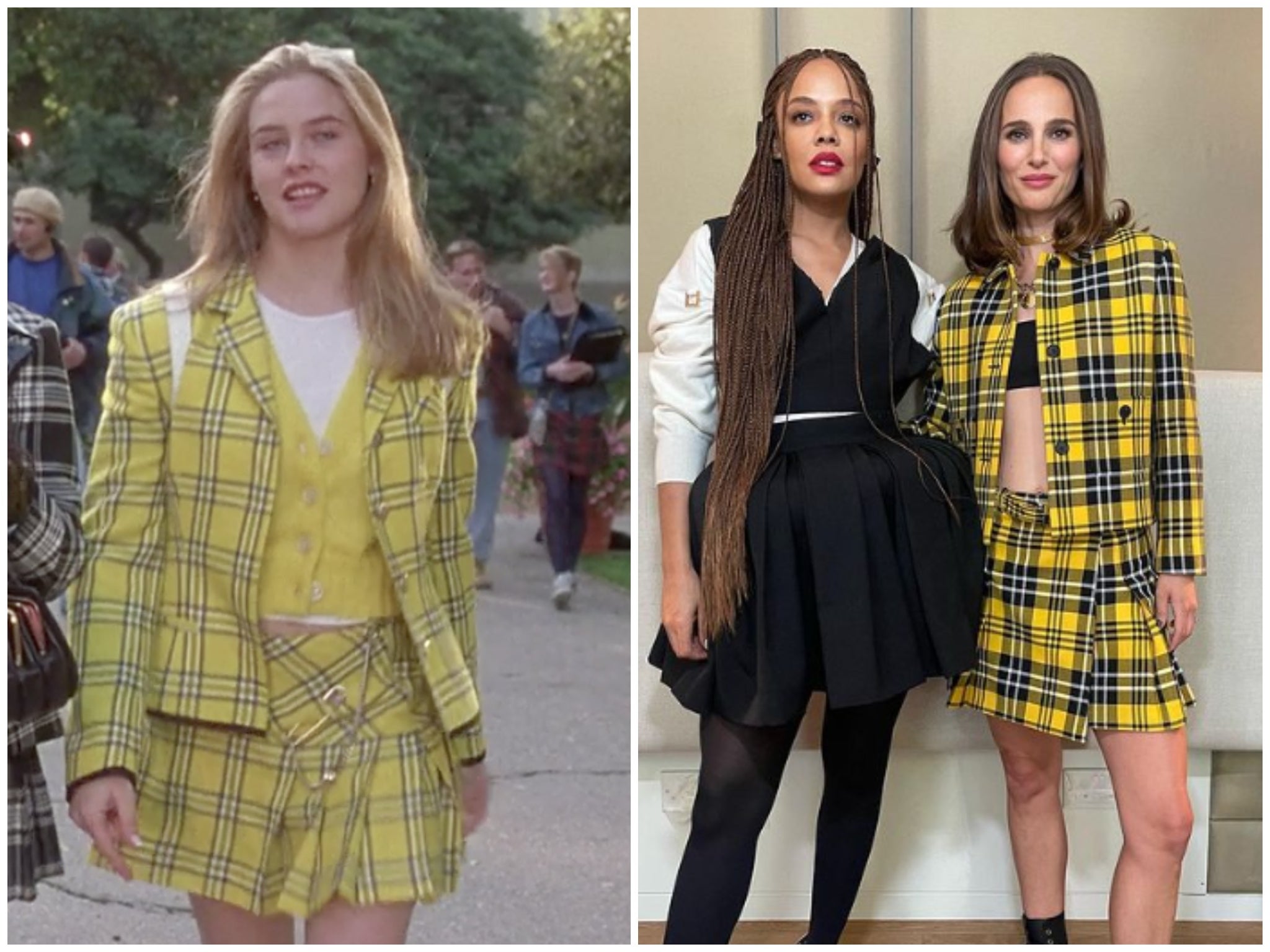 Alicia Silverstone in the 1995 film Clueless (L) and Natalie Portman and Tessa Thompson (R)