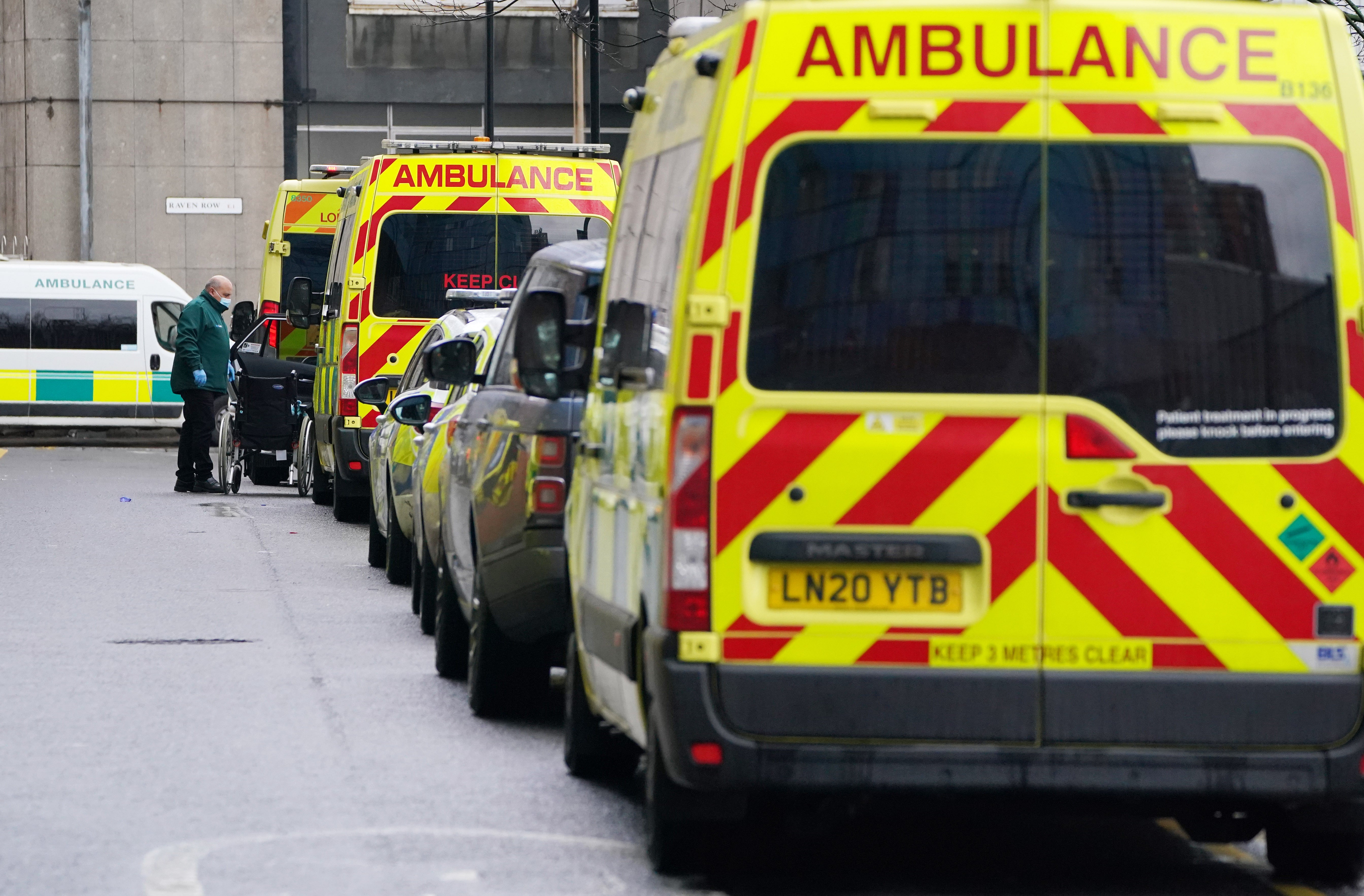 A line of ambulances parked outside the Royal London Hospital (Jonathan Brady/PA)