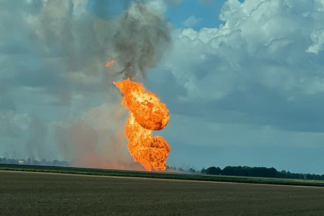 <p>A gas pipeline explodes in a rural area outside of Houston, Texas on Thursday</p>