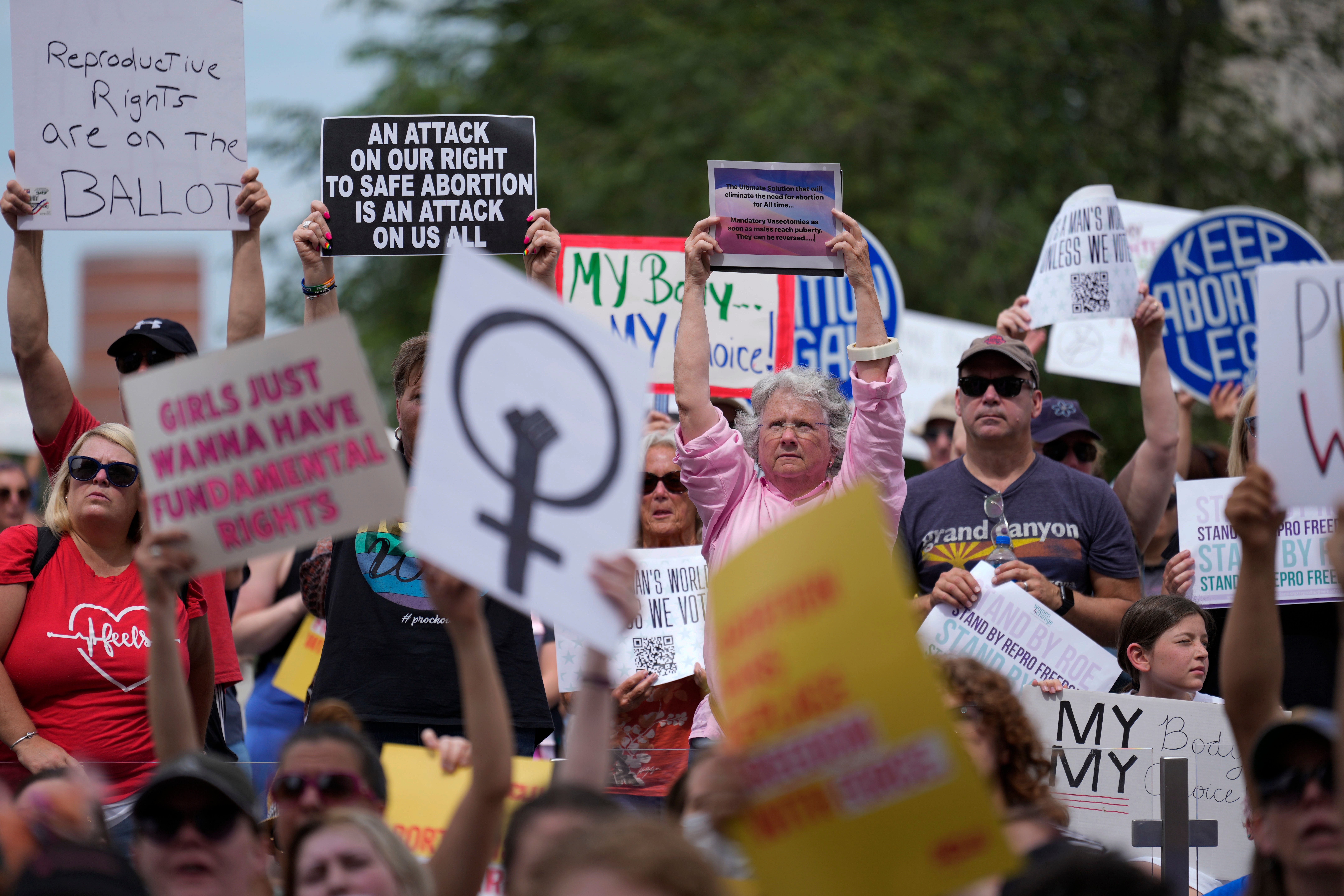 Abortion rights demonstrators protested outside the Indiana statehouse on 25 June following the US Supreme Court’s decision to strike down constitutional protections for abortion care.