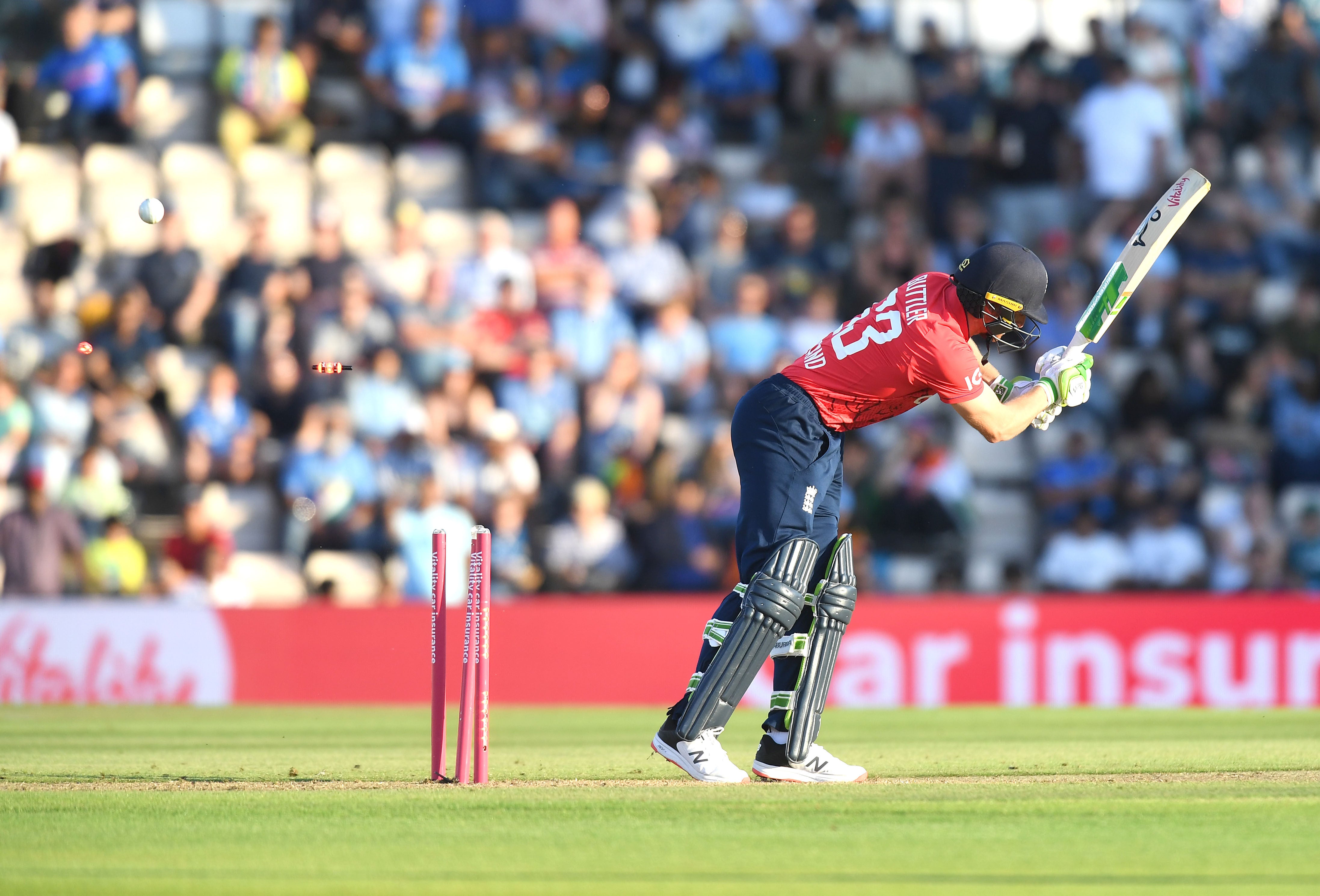 England’s Jos Buttler is bowled out by India’s Bhuvneshwar Kumar (Mark Pain/PA)