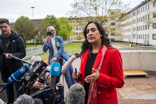 <p>Canadian defence minister Anita Anand speaks to the media during the Ukraine Security Consultative Group meeting at Ramstein air base in Germany</p>