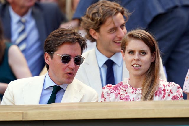 <p>Princess Beatrice and her husband, Edoardo Mapelli Mozzi, in the Royal Box at Wimbledon on 8 July 2022</p>