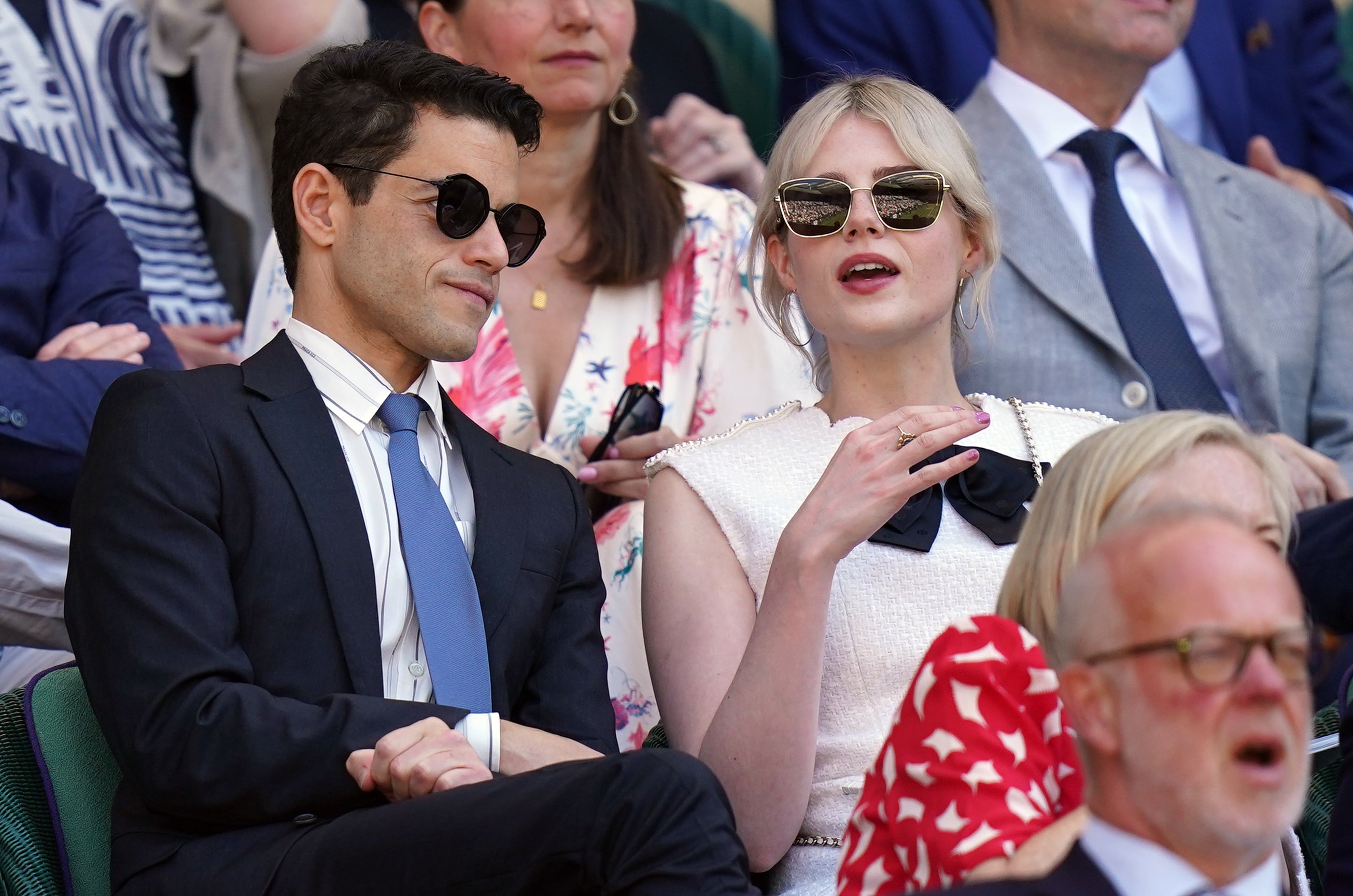 Rami Malek and Lucy Boynton in the Royal Box at Wimbledon on 8 July 2022