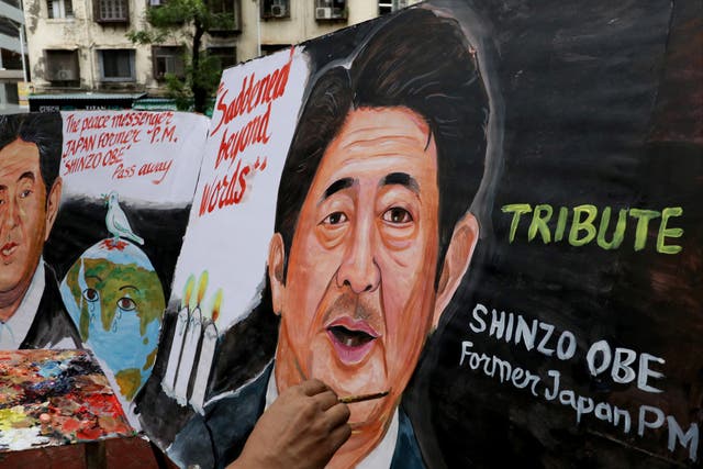 <p>A painting in tribute of Shinzo Abe, who was assassinated on Friday </p>