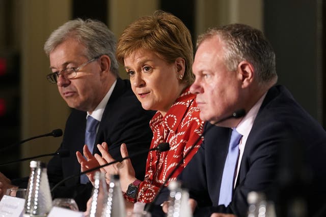 From left to right, chief minister of Jersey, John Le Fondre; Scottish First Minister Nicola Sturgeon and Minister of State for Northern Ireland Conor Burns (Andrew Matthews/PA)