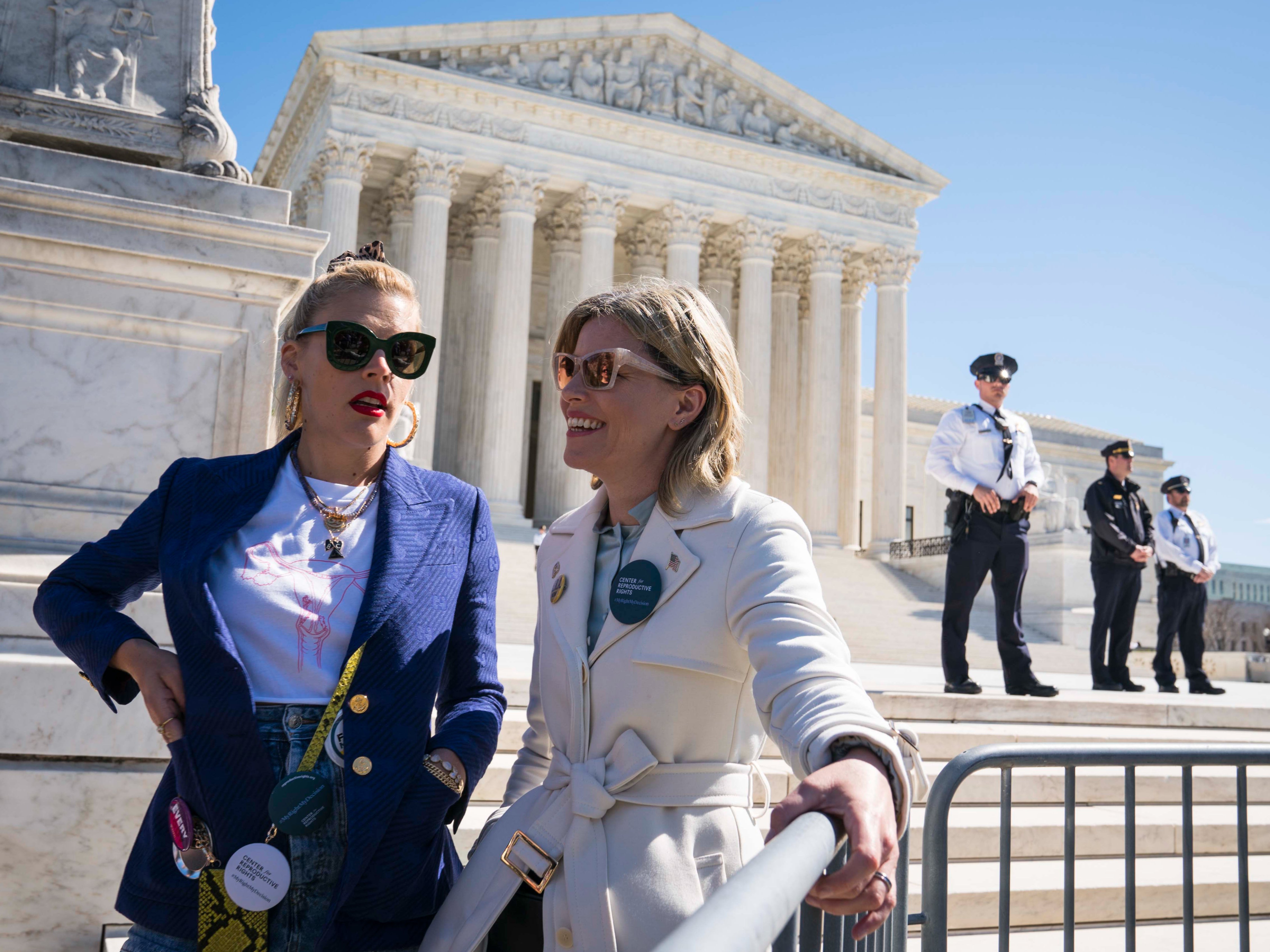 Busy Philipps and Elizabeth Banks participate in an abortion rights rally outside of the Supreme Court on 4 March 2020 in Washington, DC. Busy Philips is one of many celebrities who have opened up about having received an abortion, and Elizabeth Banks has been an advocate for reproductive rights