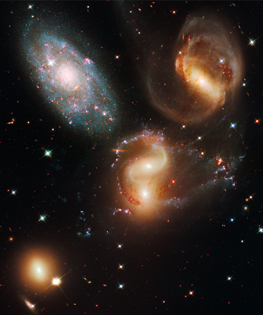 Stephen’s Quintet, a compact group of five galaxies 290 million light years from Earth in the constellation Pegasus