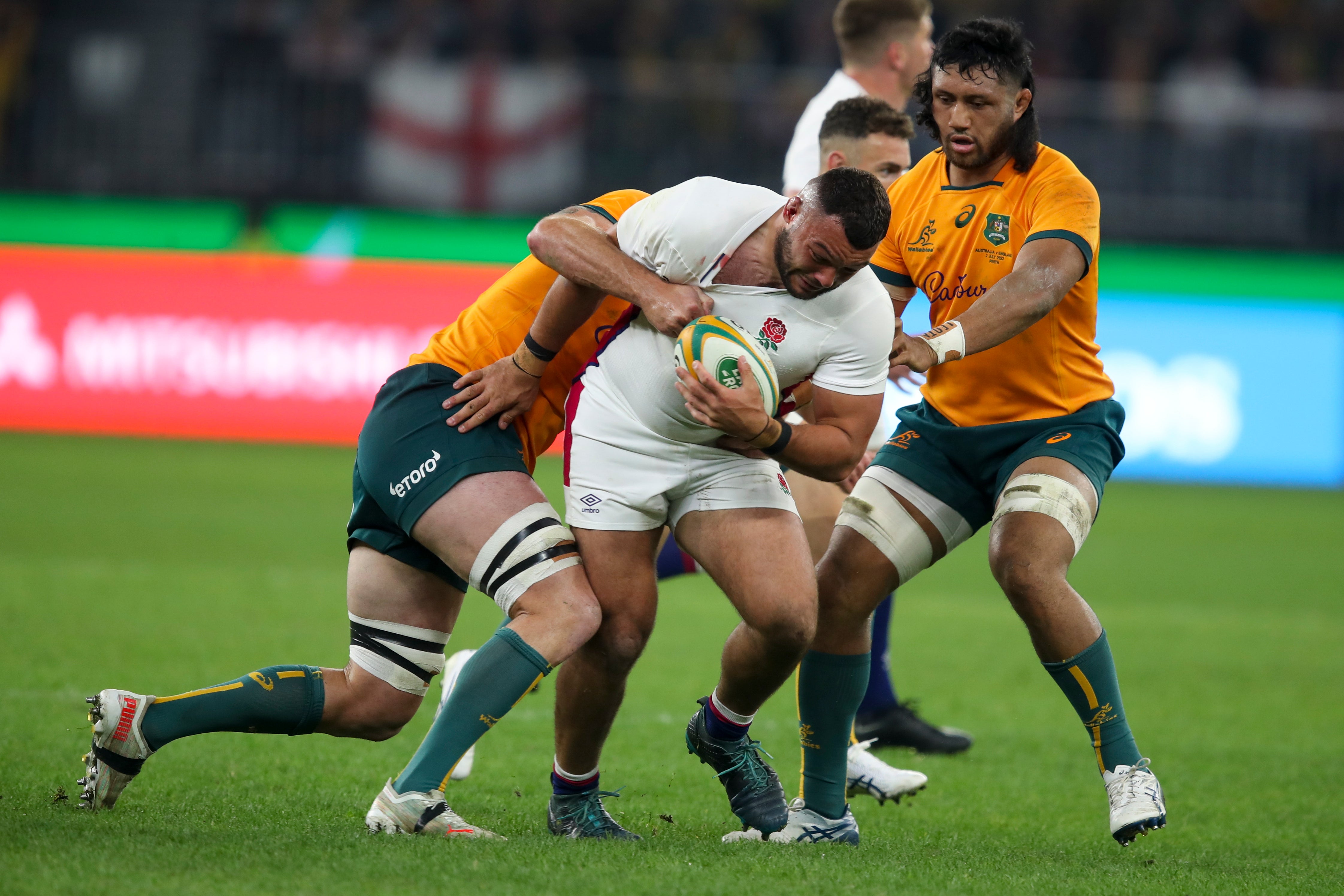 Ellis Genge runs at the Australia defence