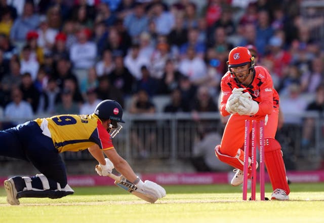 Lancashire wicketkeeper Phil Salt (right) takes the wicket of Essex’s Michael Pepper during their Vitality Blast quarter-final (David Davies/PA).
