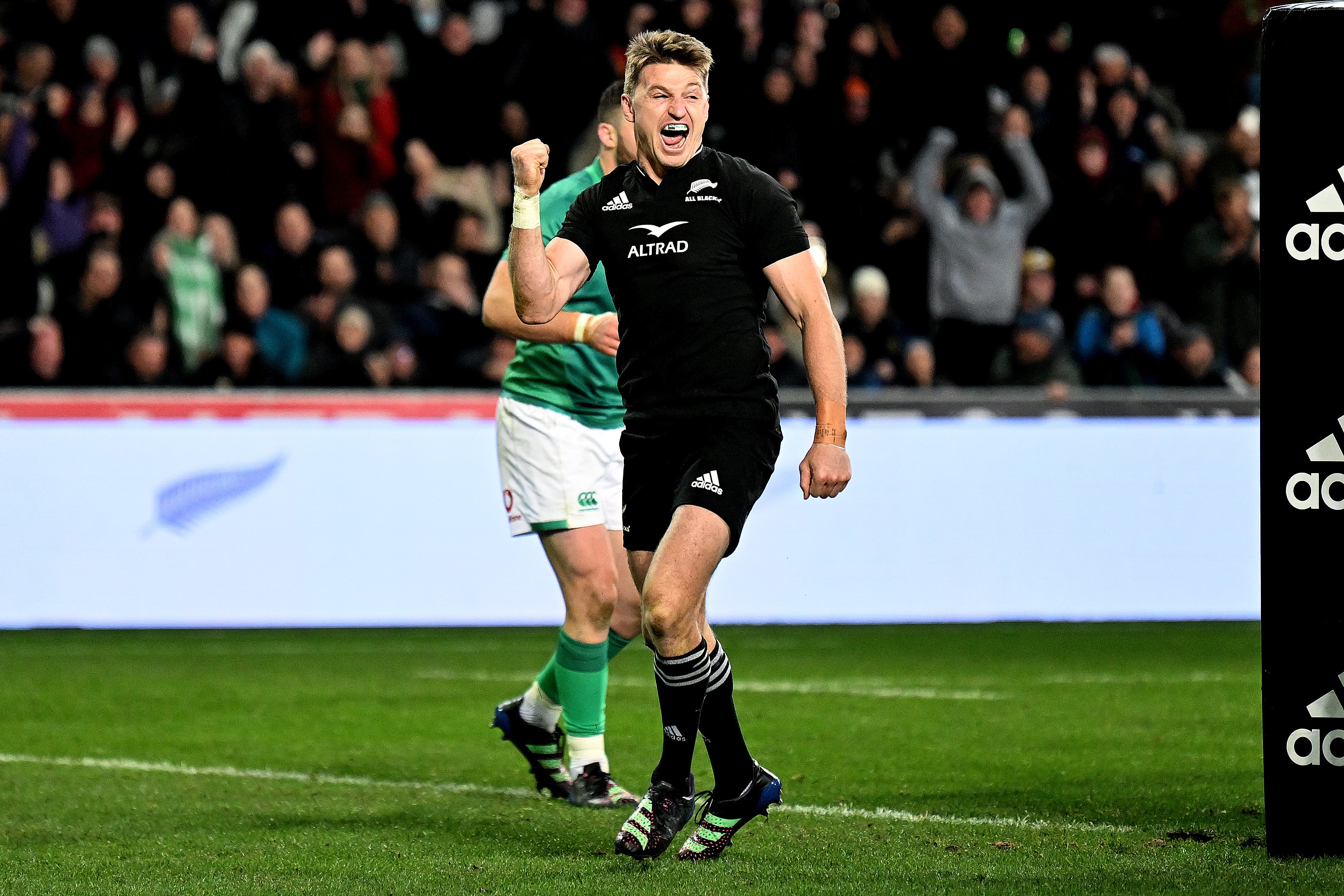 Beauden Barrett of the All Blacks celebrates after scoring a try