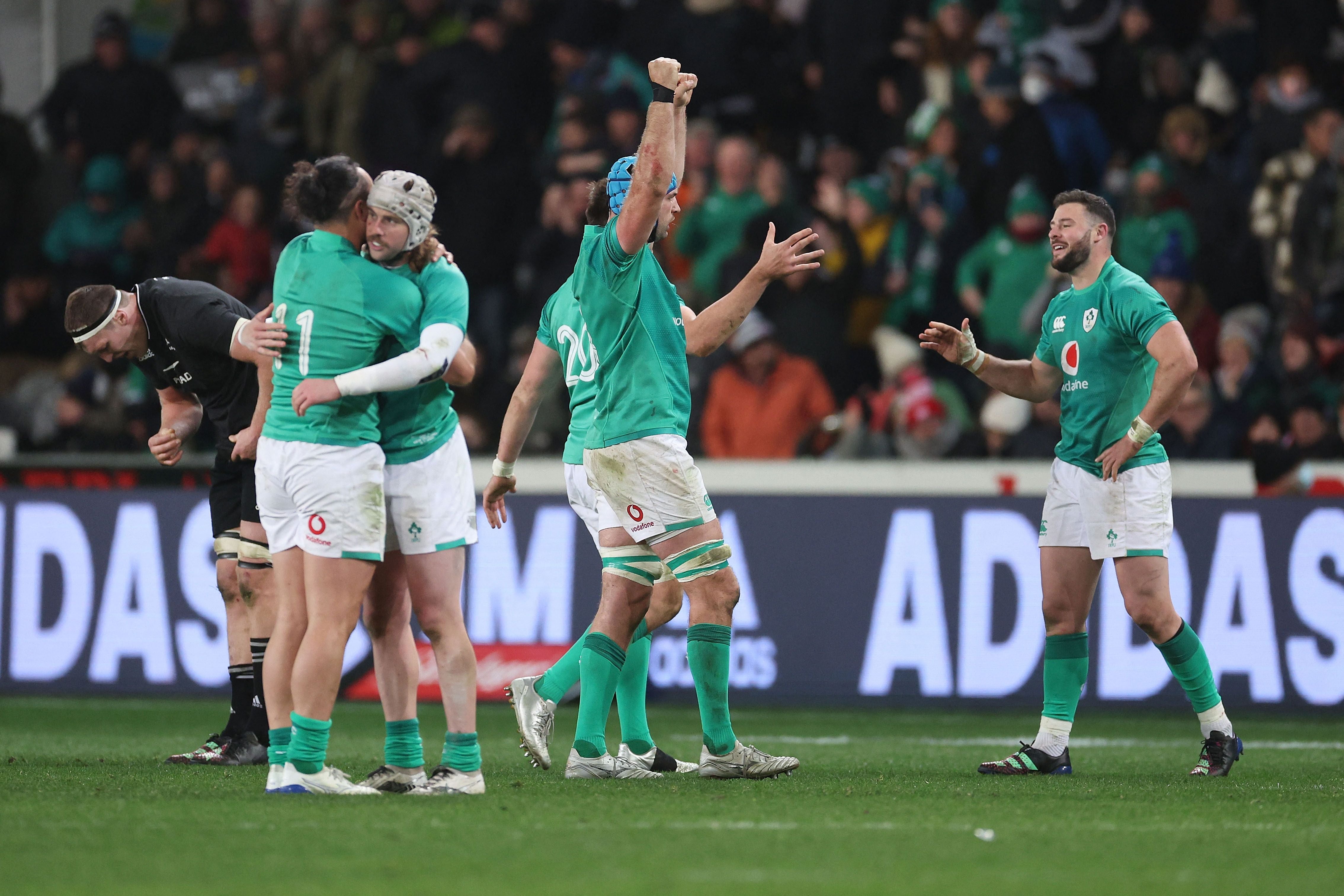 Ireland’s players celebrate their win over New Zealand at Forsyth Barr Stadium in Dunedin on Saturday