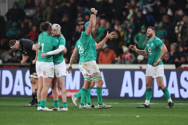 <p>Ireland’s players celebrate their win over New Zealand  at Forsyth Barr Stadium in Dunedin on Saturday </p>